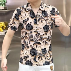 Summer New Men's Street Casual Zipper Patchwork T Shirts Short Sleeve Polo Neck Print Loose Tops Vintage Fashion Men Clothing