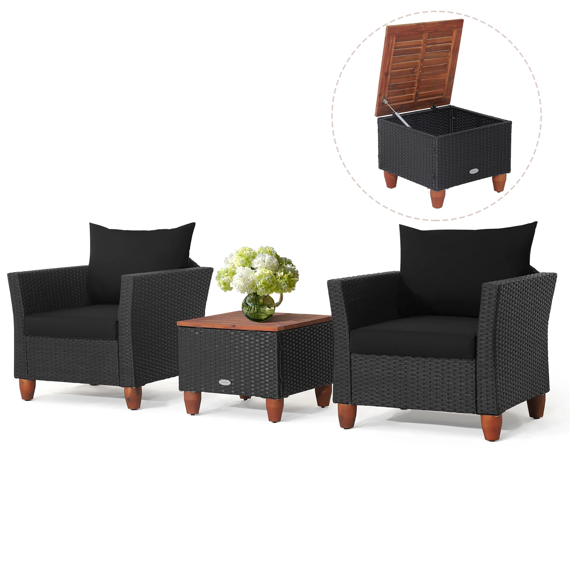 3PCS Patio Rattan Furniture Set Cushioned Sofa Storage Table with Wood Top Black