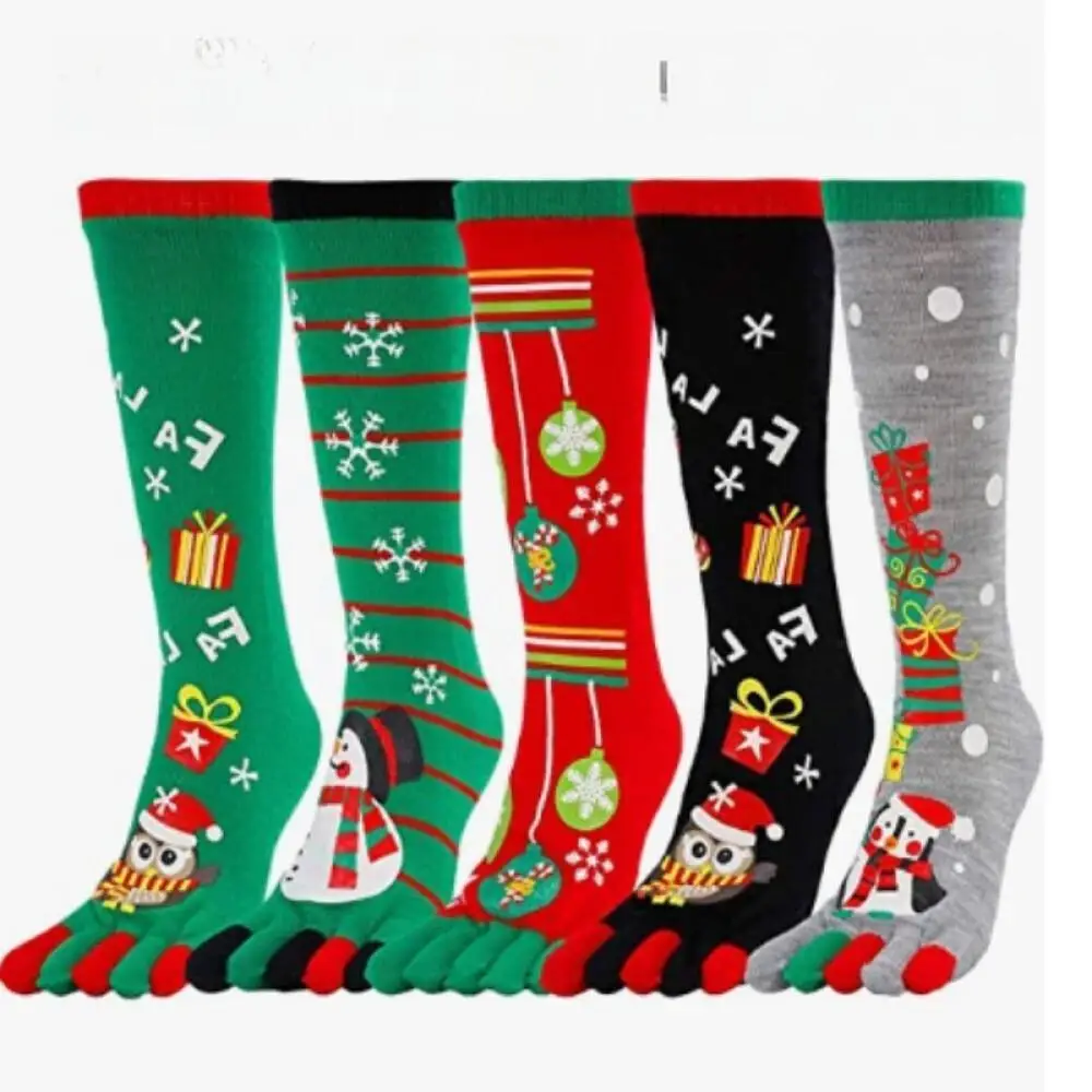 Socks Five Finger Ladies Lengthy Tube Cartoon Design Combed Cotton Toe Warm Sweat Absorbing Cross Border Christmas Hosiery