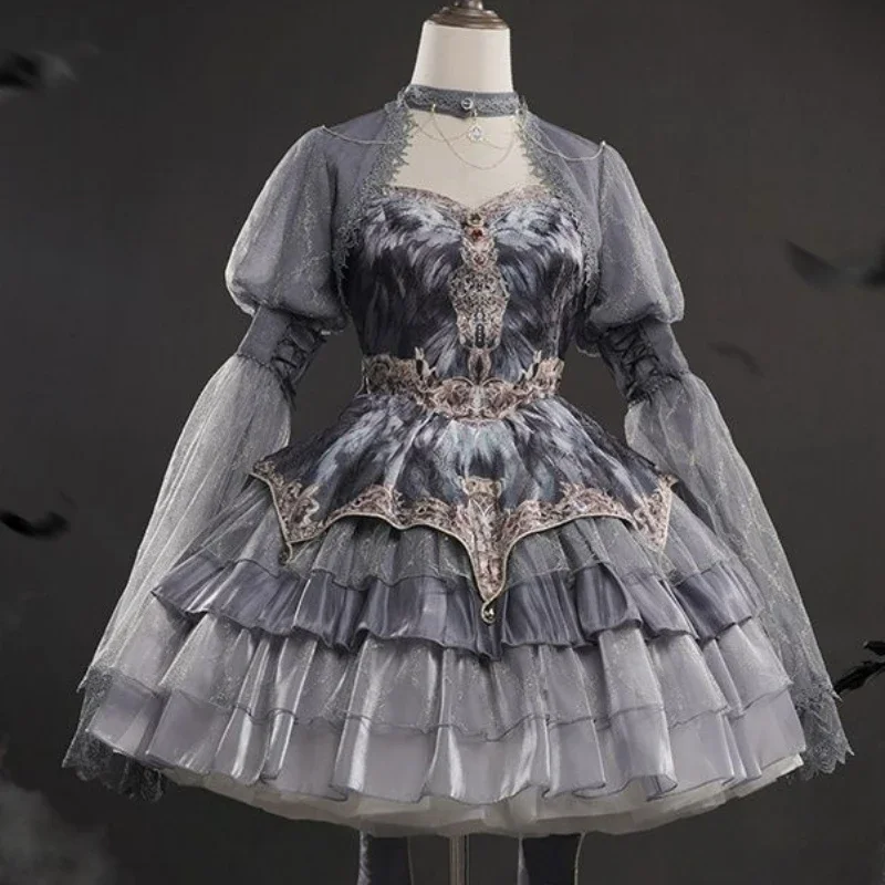 

Japanese Victorian Vintage Lolita Halter Dress Women Gothic Style Harajuku Y2k Grey Layered Cake Dresses Girls Kawaii Cute Dress