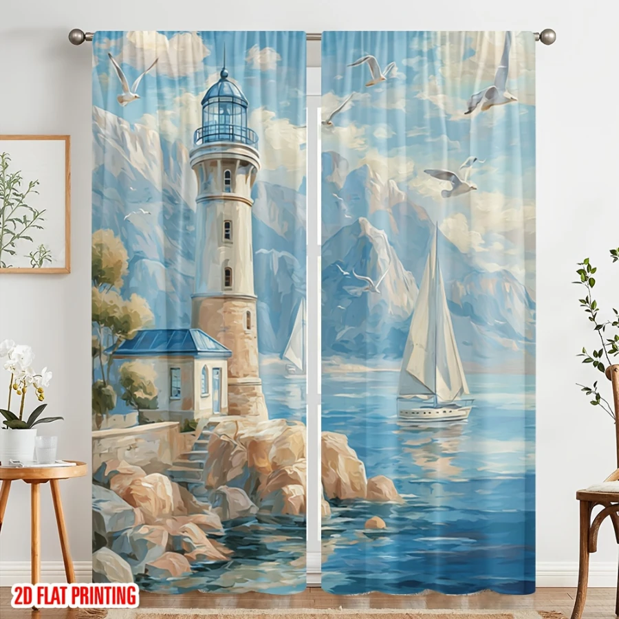 2PCS Digital Printed Curtains, Island Lighthouse Ocean Coastal Seaside, Modern Home Decor Style for Living Room Bedroom Decor
