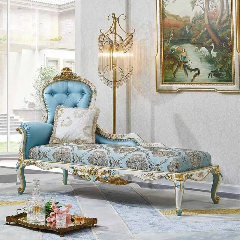 French princess style fresh and romantic solid wood carving painted flower crown blue embroidery fabric toffee chair