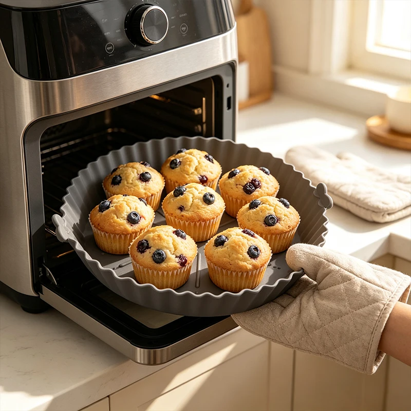 2pcs/set Reusable round Air Fryer Silicone Pot Liner with Anti-scorch Handles Non-stick Baking Tray Food Grade Accessory