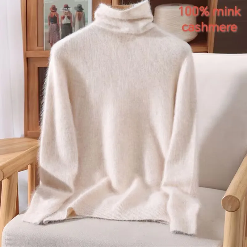 

2025 Autumn Winter New 100% Mink Fur Sweater Women's Pullover Pile Collar Long Sleeved Slim Fit Loose Knit Sweater Koreanversion