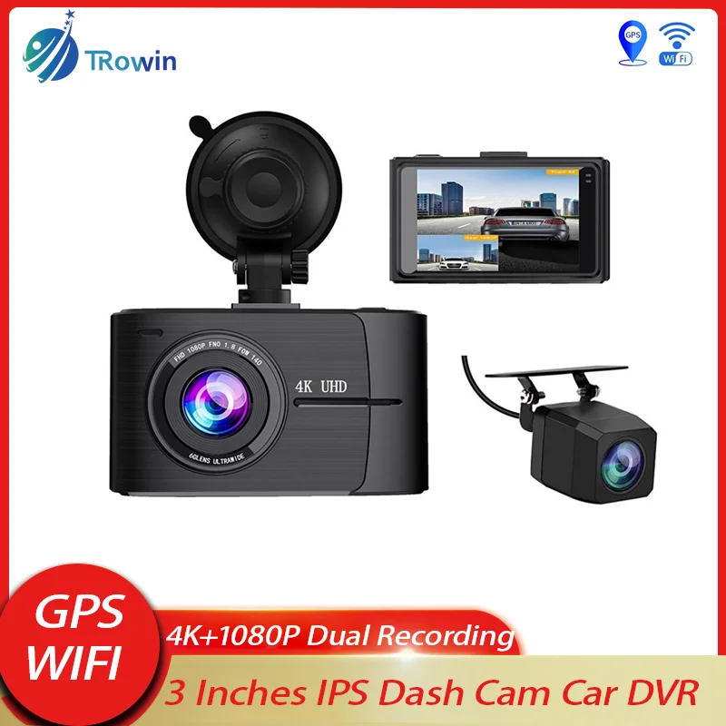 3Inch IPS Dashcam WIFI GPS Car DVR  Dual Camera for Car Front 4K and Rear 1080P Angle HD Night Vision