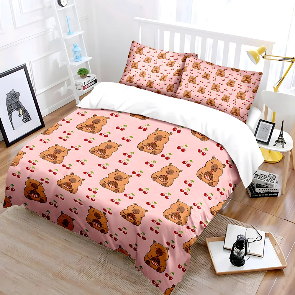 Cute capybaras and cherries Bedding Set for Kids Luxury Gift 3pcs Digital Print Comforter Set Soft Comfortable Breathable