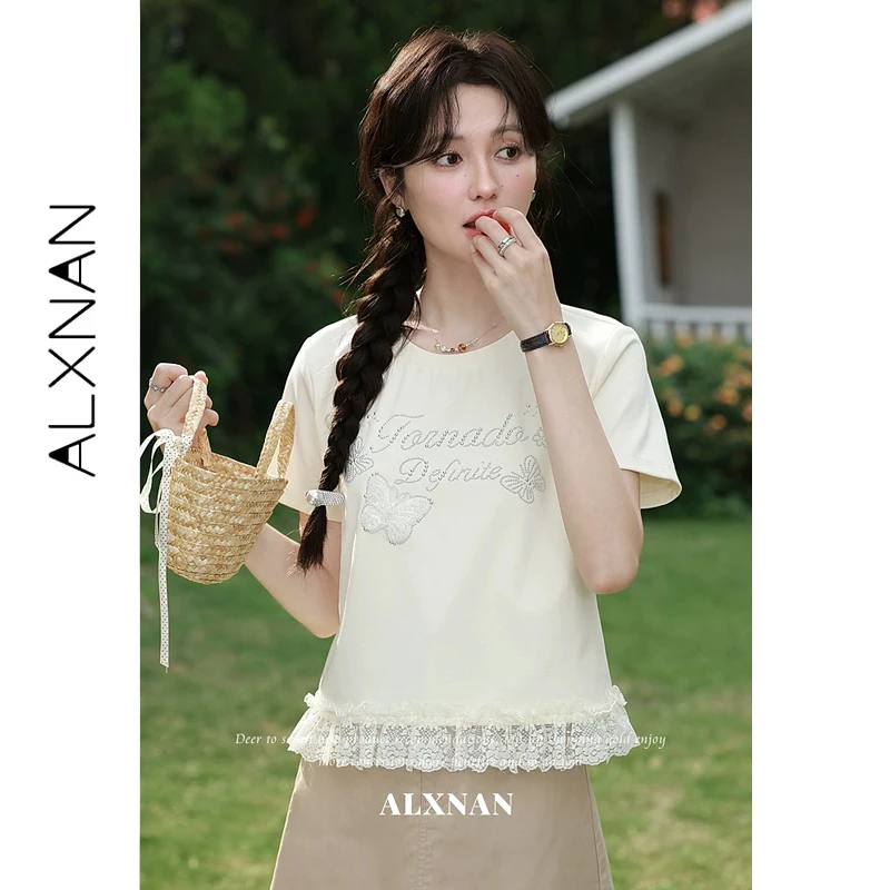 

ALXNAN Women's T-shirt Butterfly Sequin Rhinestone Embroidery Sweet Lace T-shirts Summer Casual Elegant Short Sleeve Tops L65302