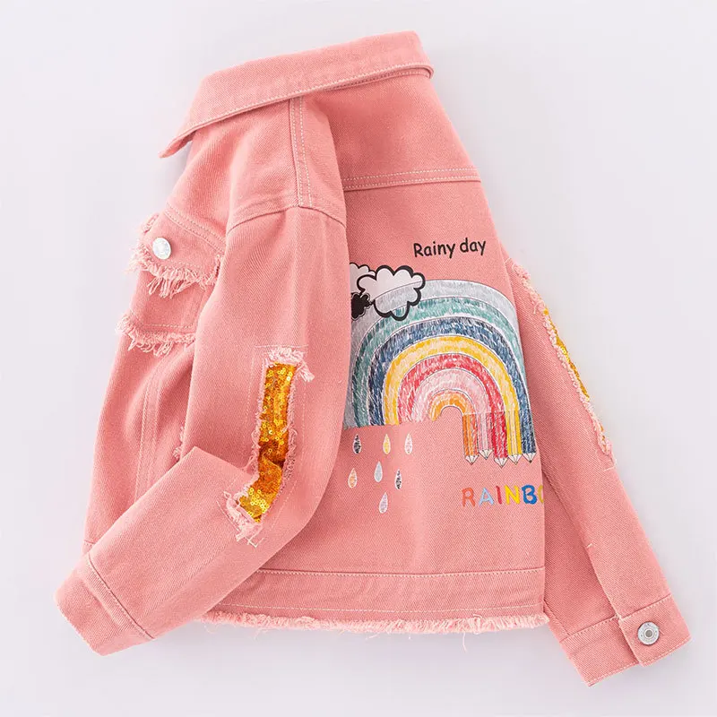 5-12Y Teen Girls Denim Jacket 2025 New Fashion Pink Rainbow Sequins Jean Coat For Girl Spring Autumn Children Outerwear Clothing