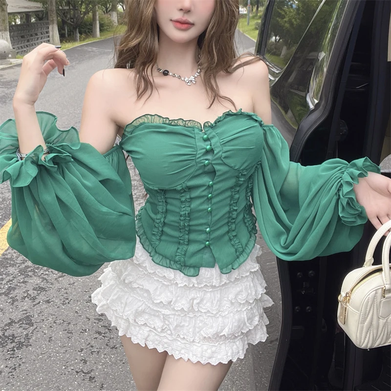 Fairy Off Shoulder Long Sleeve Chiffon Blouse Women Sweet Strapless Ruffle Waist Slim Fit Crop Top Summer Fashion Sex Shirt Fall