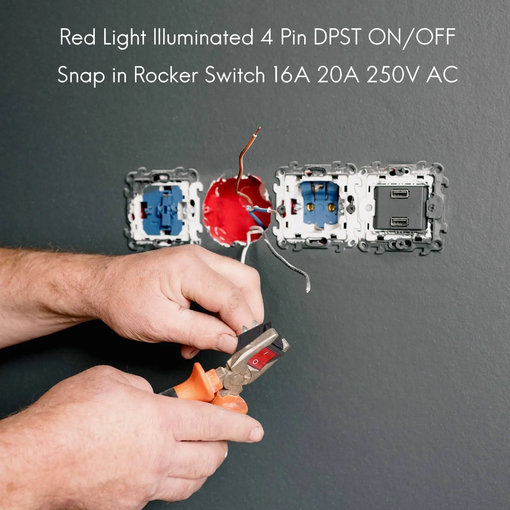 Red Light Illuminated 4 Pin DPST ON/OFF Snap in Rocker Switch 16A 20A 250V AC