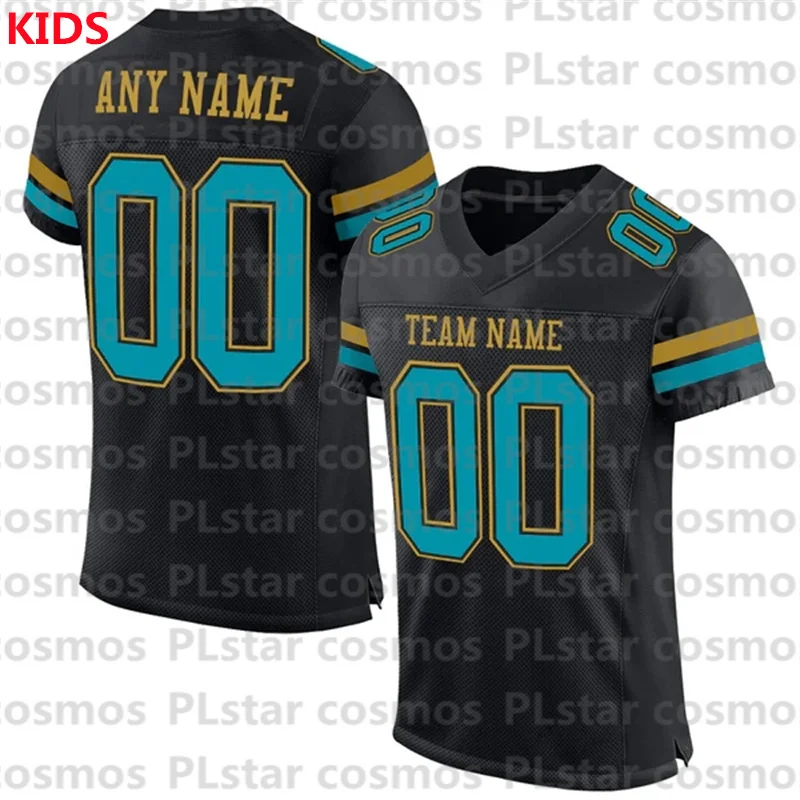 Custom Black Teal-Old Gold Mesh Authentic Football Jersey 3D Printed Kids Football Jersey Boys Tops Girl Tees