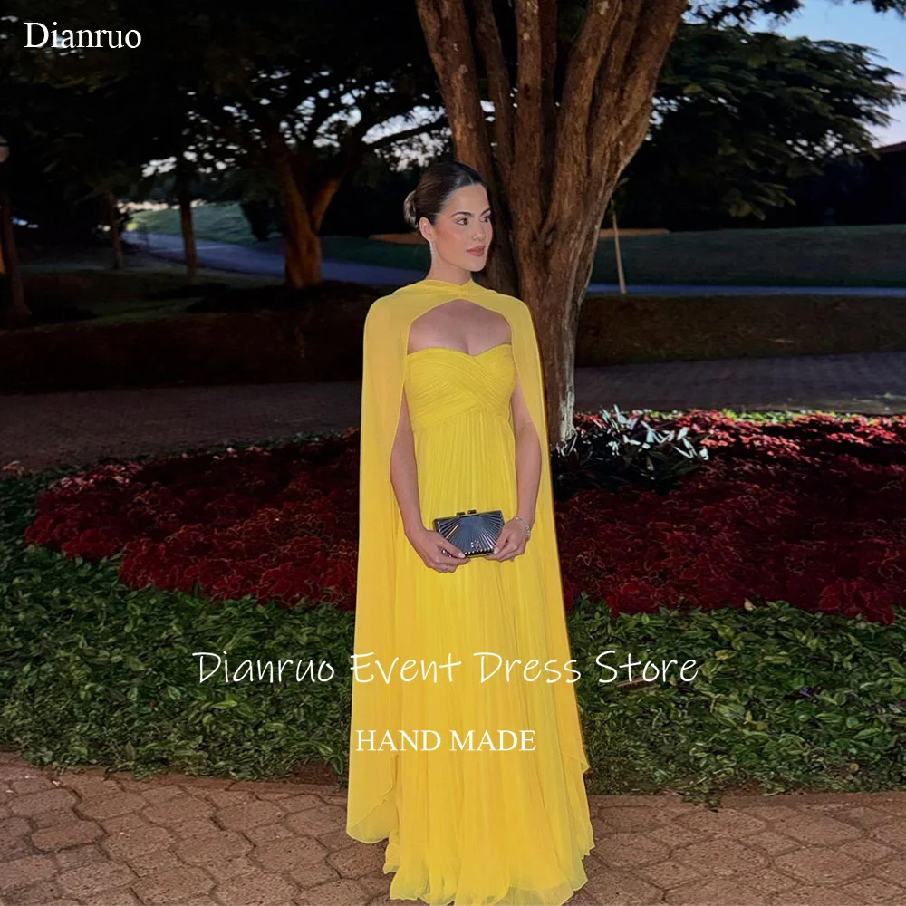 

Dianruo Ярко-желтые вечерние платья с накидкой без бретелек со рюшами макси вечерние платья трапециевидной формы из шифона Vestidos Formales по индивидуальному заказу
