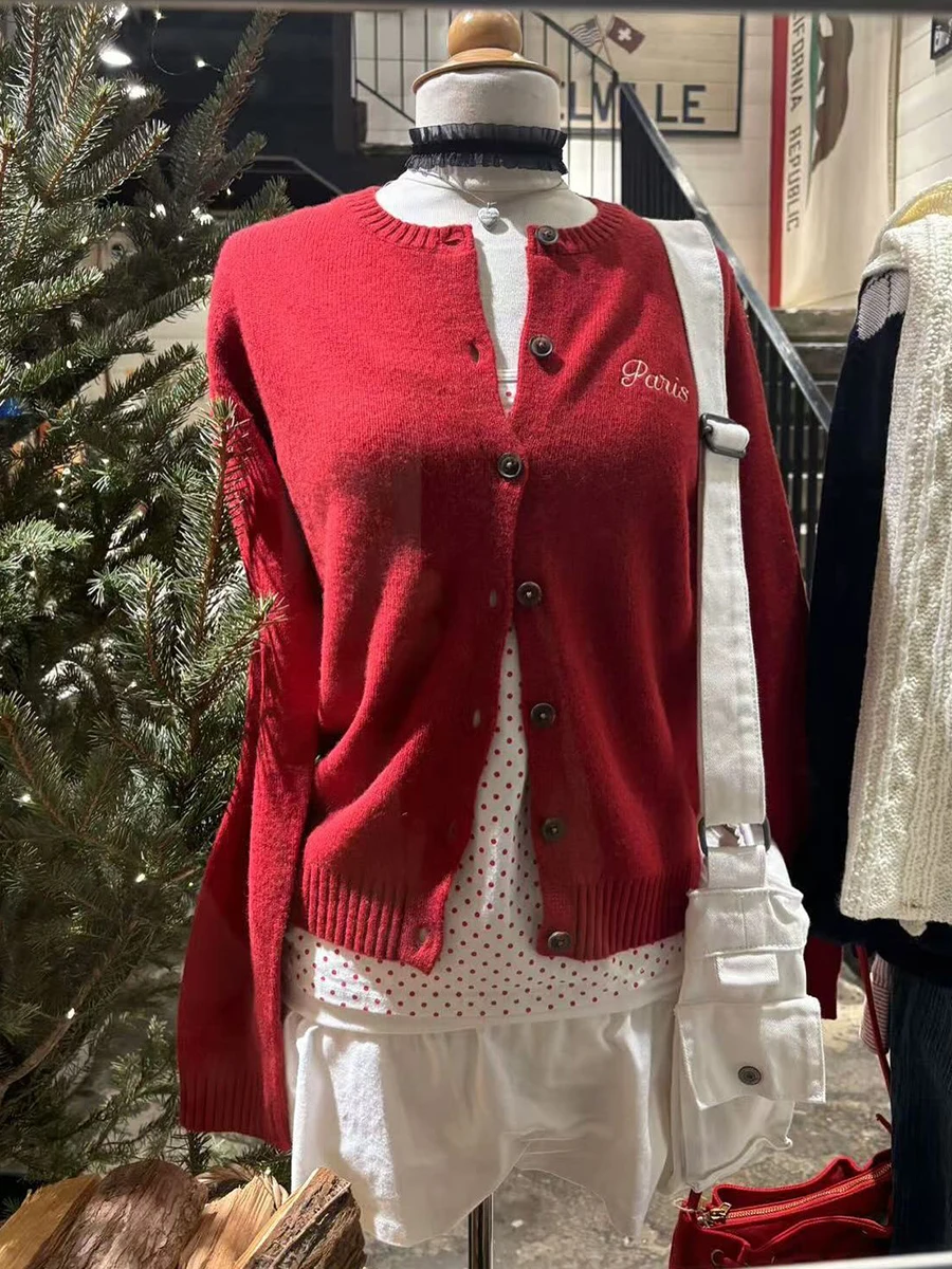 Cardigan lavorato a maglia con ricamo a lettera Donna Nuovo maglione monopetto con scollo a O Capispalla Streetwear Moda maglione rosso a maniche lunghe Y2k