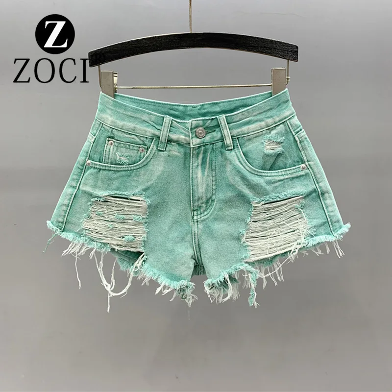 [zoci] Pink High  Denim Shorts, Female , Ripped Hole Beggar,  Loose Casual A-line Fringed Wide Leg Hot Pants