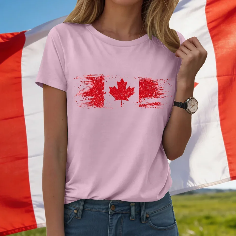 Canadian Flag & Maple Leaf Print T-Shirt For Women Summer Short Sleeved Tee Shirts Independence Day Canada Day T Shirt Tops