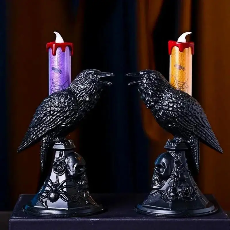 Halloween Black Crow Statue LED Candlestick Light Table Lamp Scary Home Decoration Ornament Party Prop Decor Supplies