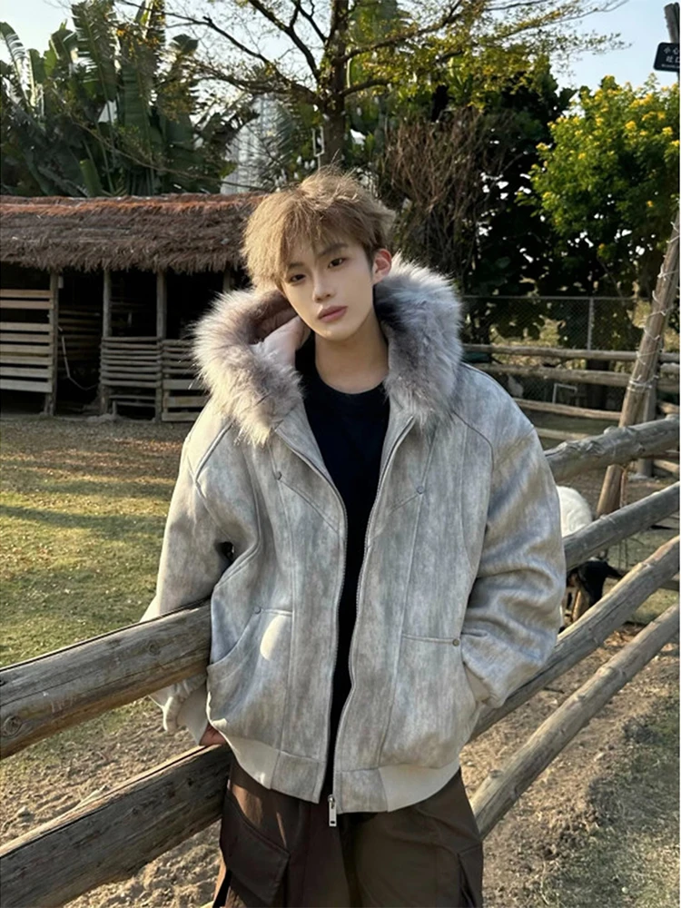 

Light ey American High Street Cotton Jaet Men's Winter Deconstructed Design Sense Cotton Clothes Dyed Hooded Fur Collar