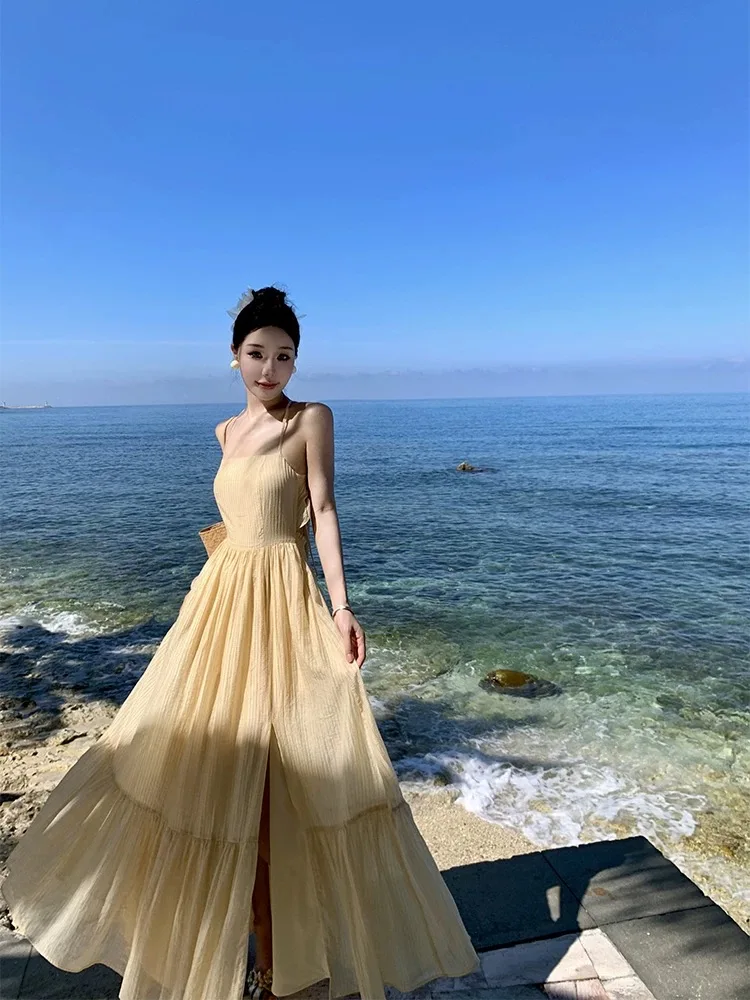 Lady Sweet Fairy Beach Holiday Tropical Long Dress Yellow Split Maldive Thailand Sling Sexy Chaming Travel Honeymoon Cozy Dress