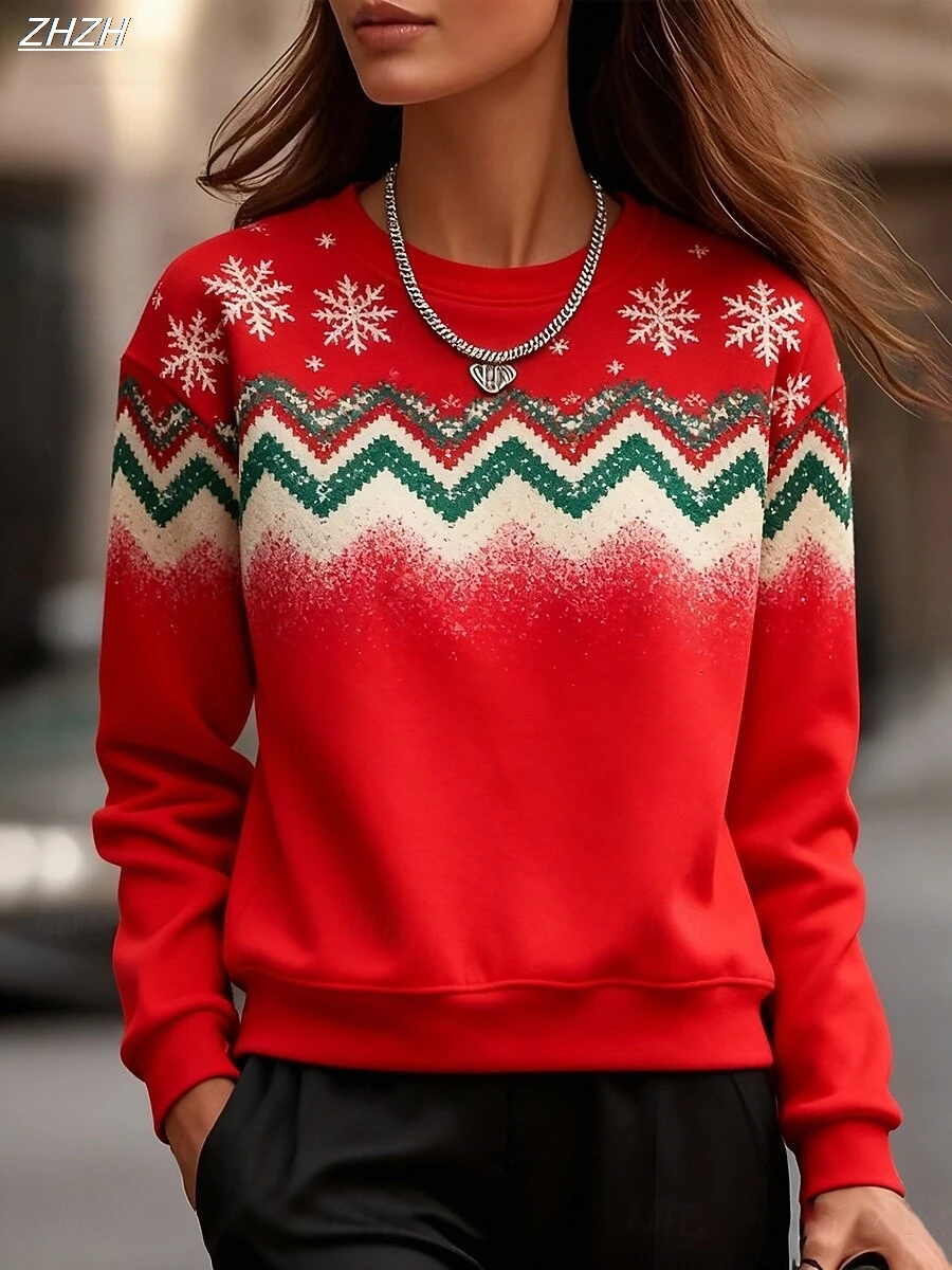 بلوفر نسائي سويت شيرت ندفة الثلج كاجوال بأكمام طويلة ورقبة دائرية، ملابس علوية عادية للشارع، ملابس يومية كاجوال مطبوعة لربيع وخريف وشتاء #5