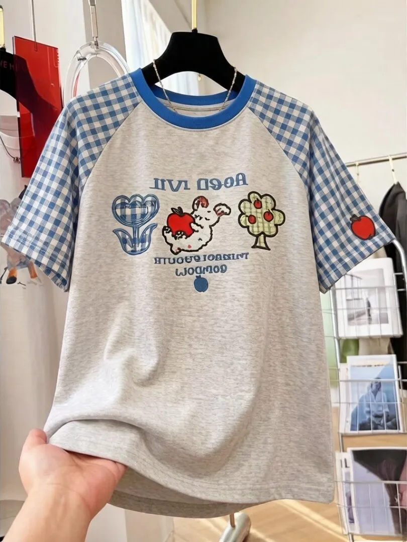 Summer Cotton T-Shirt for Girls Student Preppy Style Patch Shoulder Loose Fit Embroidered Pure Cotton round Neck Short Sleeve
