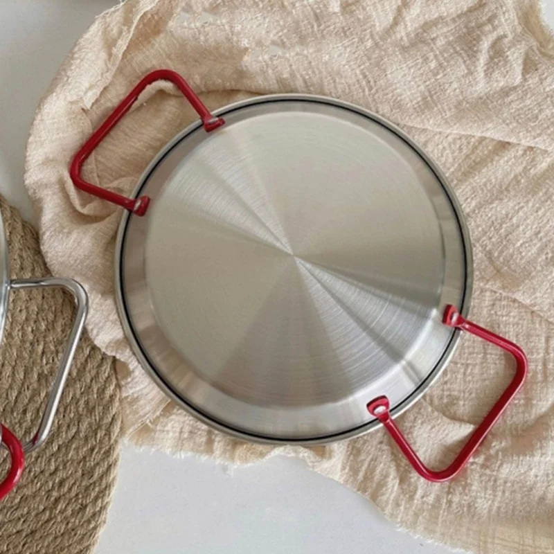 Olla de arroz de mariscos para evitar quemaduras, sartén Paella de cocina de acero inoxidable engrosada con doble mango para aperitivos de pollo frito, color rojo