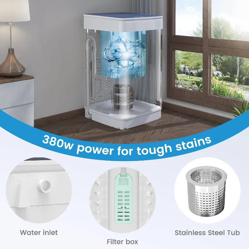 Lavatrice portatile VCJ, lavatrice completamente automatica da 18 libbre con vasca in acciaio inossidabile, 7 programmi di lavaggio, motore potente da 380 W