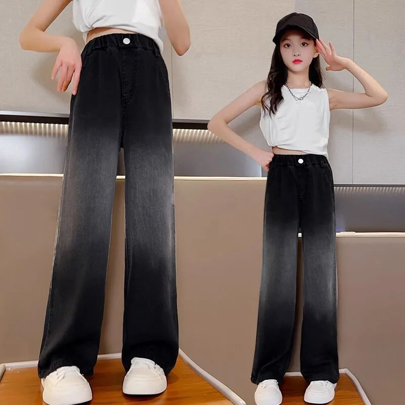Latest Arrivals Girls Summer Gradient Jeans Kids Mosquito Proof Thin Casual Wide Leg Denim Pants Childrens Straight-leg Trousers
