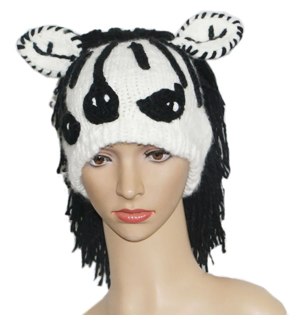 Handmade Knitted Stripes Zebra Hat with Ears Black Hair Wig Adult Kid Caps