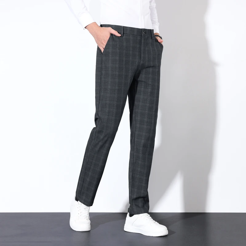 Cotton Plaid Striped Classic Suit Pants Men\'s Autumn Stretch Business Casual Trousers Groom Wedding Dress Fashion Male Pants