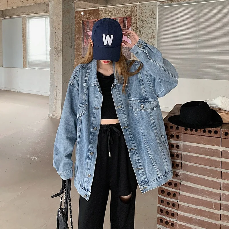 Fall Women Denim Jacket Fashion Blue Denim Coat Long-sleeved Loose Oversized Jeans Jacket Street Trend Retro Baggy Cowboy Tops