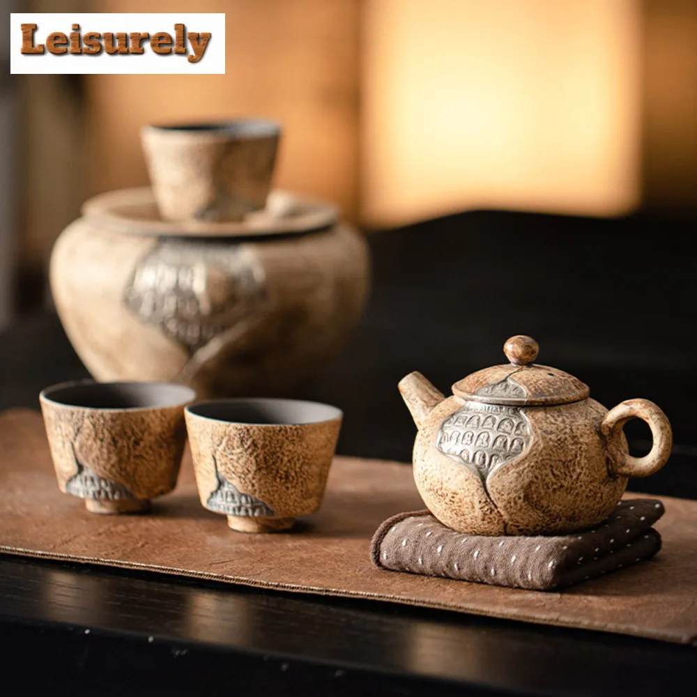 Handmade Old Rock Mud Thousand Buddhas Tea Set Complete Set Tea Ceremony Set Household Teapot and Tea Cup Set Cha Teaware Craft