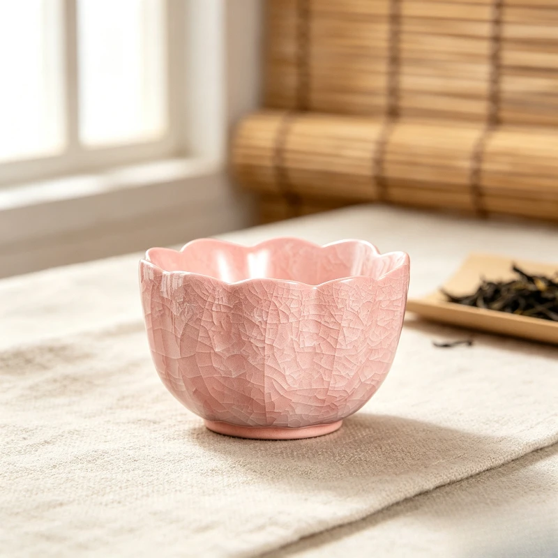Multi-color Ice Crack Master Tea Cup Floral Rim Kung Fu Teacup Handmade Ceramic Tasting Cup for Tea Room and Entertainment