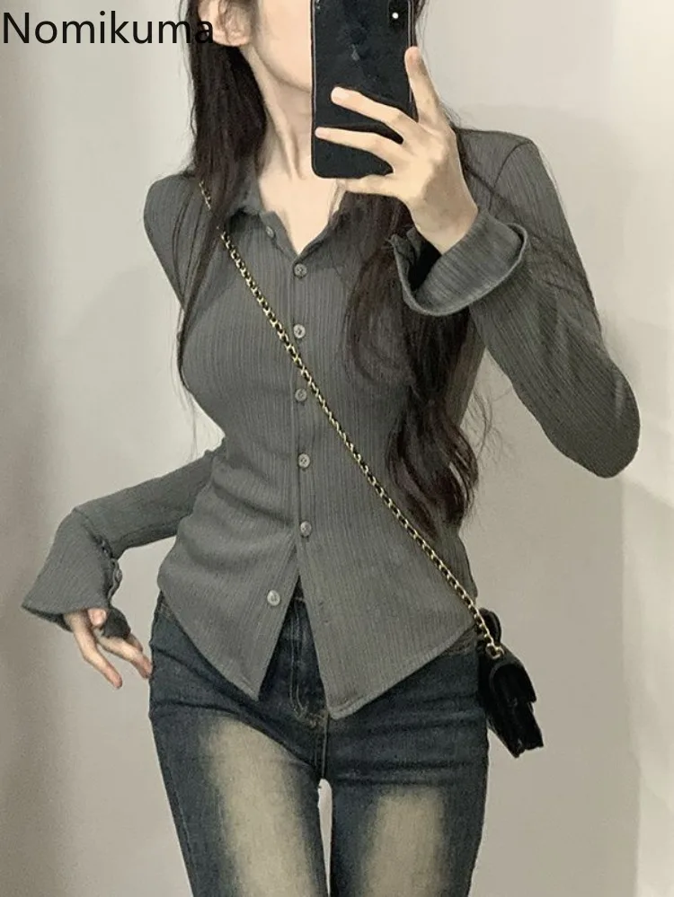 Temperament Lady Tops Blouses for Women Slim Fit Flare Sleeve Vintage Shirts Fashion Solid Color Korean Blouse Camisas De Mujer