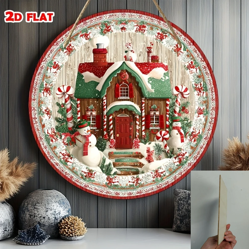 2D Flat Christmas Snow House Theme Round Wooden Sign Decor Art, Premium Texture, Vintage Decor, Wooden Sign, Suitable for Home,