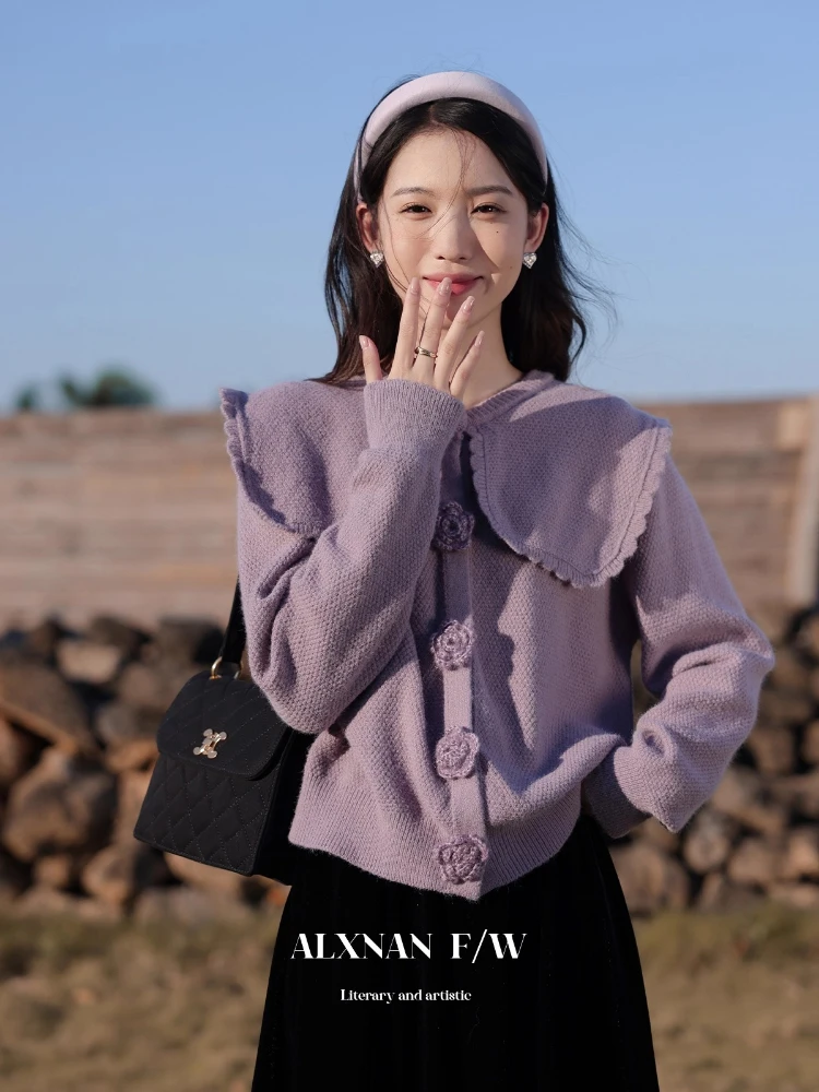 

ALXNAN Purple Sweaters Peter Pan Collar 3D Floral Snap Buttons Knitted Cardigan Elegant Versatile Autumn Women's Tops LXN27921