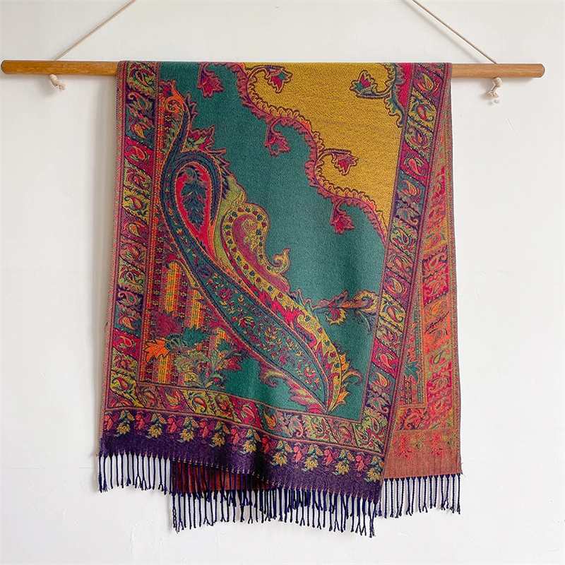 Pashmina Shawl Scarf Women Jacquard Cashew Printed Scarves Flowers Borders Female Tassel Blanket Wraps Ethnic Shawls