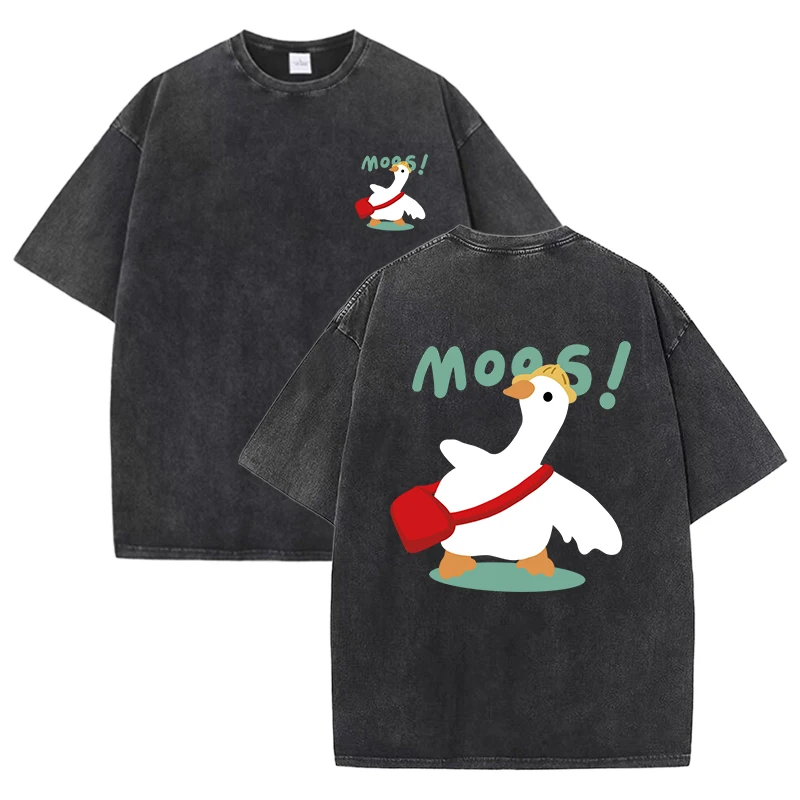 Cute Cartoon Bag Duck Printed Retro Tee Top Female Unisex Cotton Hip Hop T-Shirts Summer Washed Clothes Loose Sportswear