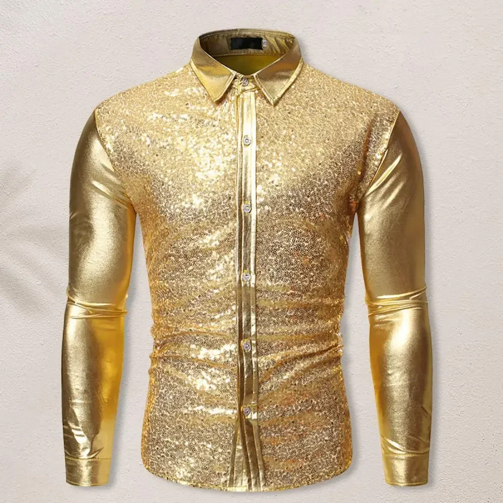 Men's Shirt Metallic Sequins Glitter Shirt Men Long Sleeve Button Down Lapel Slim Shirt Disco Party Halloween Costume Chemise