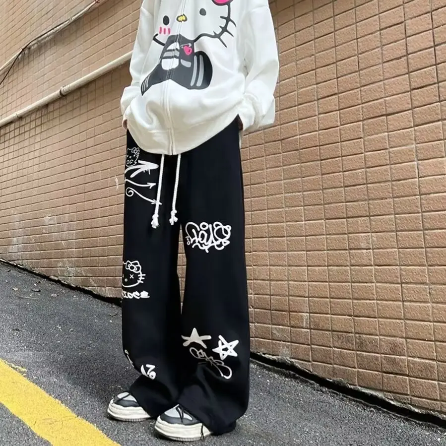 American retro street graffiti printed tracksuit pants men and women hip hop loose casual pants cool wide leg pants