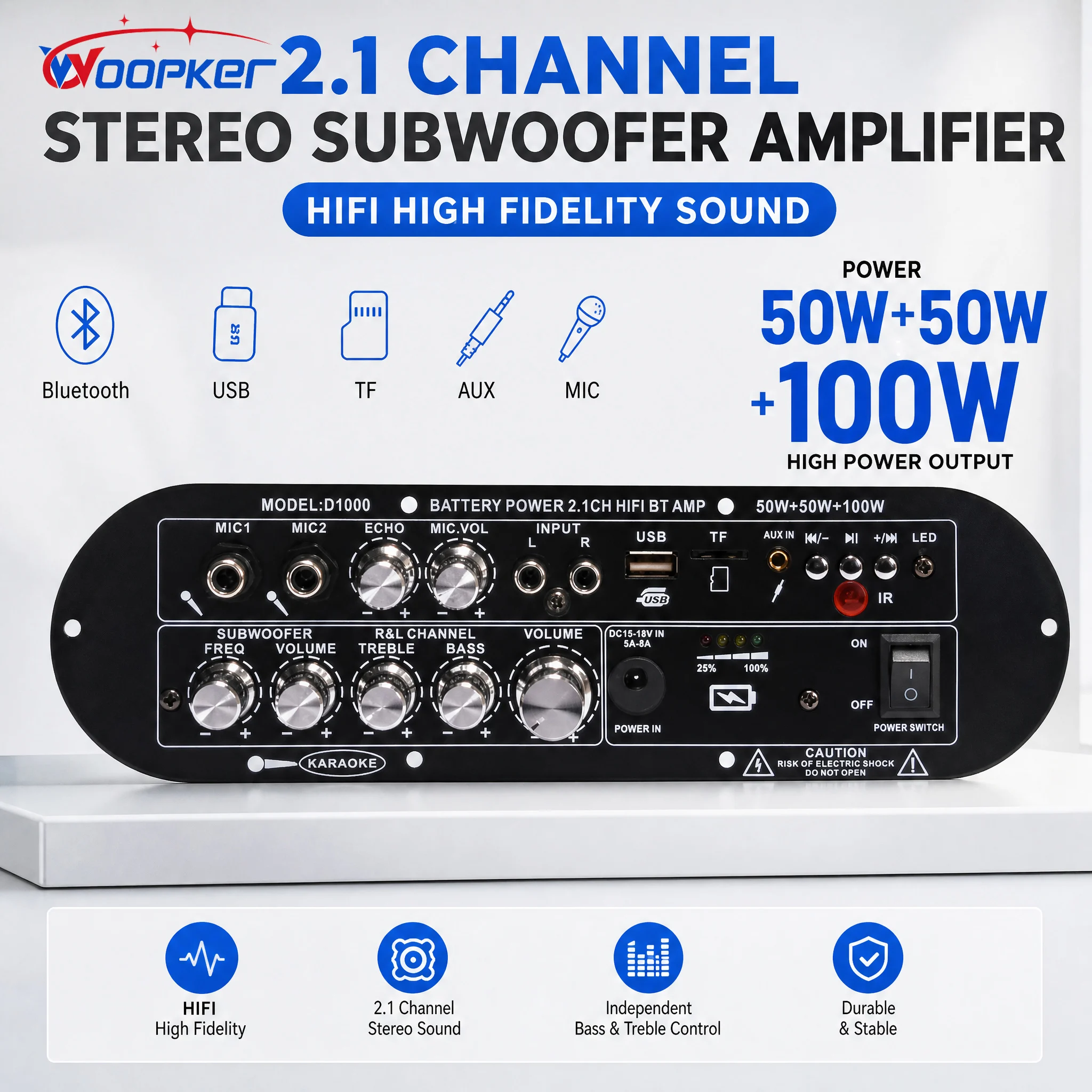 WOOPKER D1000 Rechargeable 2.1 Channel Bluetooth 5.0 Audio Amplifier Board 50Wx2+100W Subwoofer Hi-Fi Bass Amp for Home Car DIY