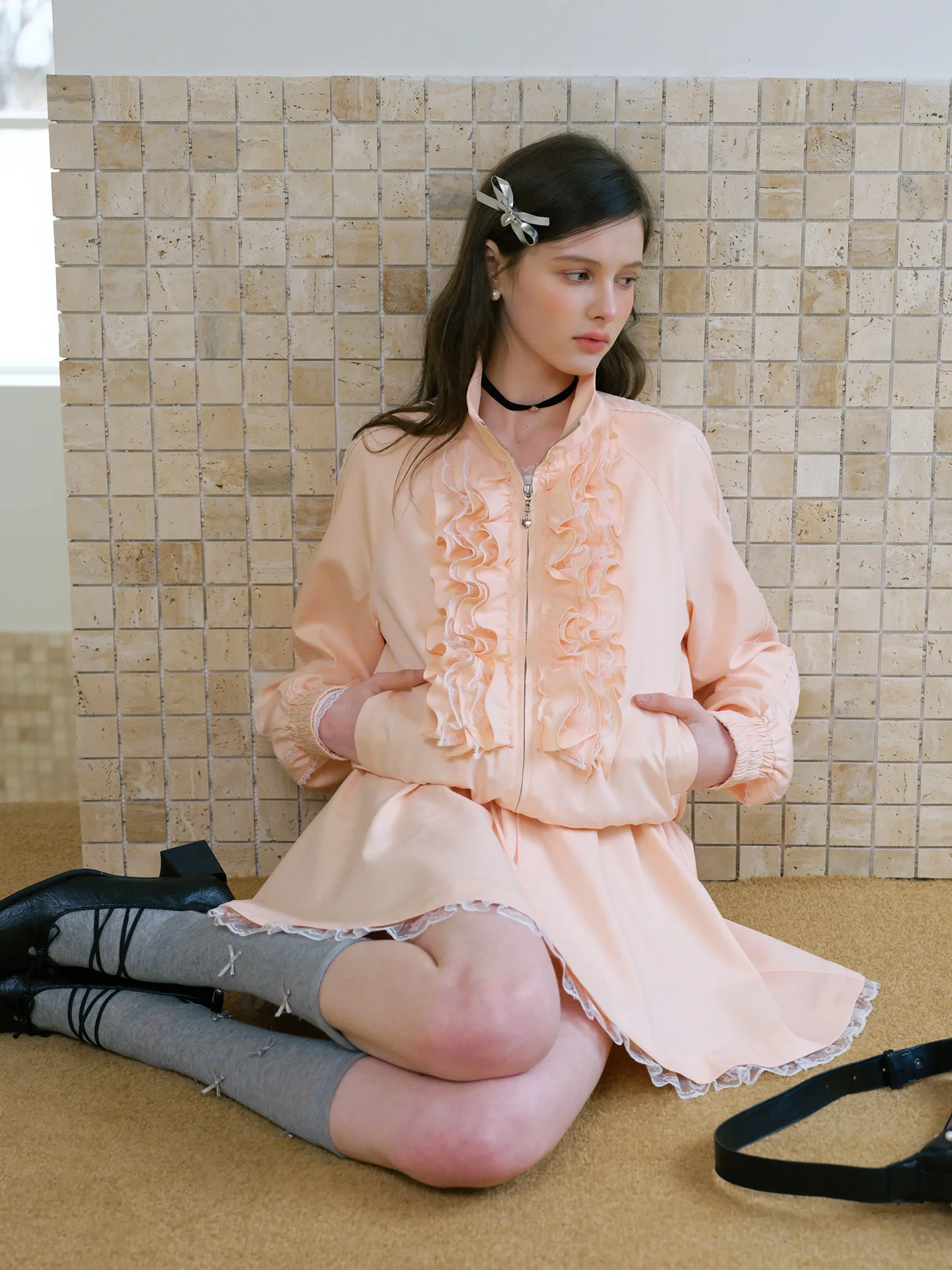 

Spring Set Lace Trim Zipper Jacket Stand Collar A-Line Skirt Women's Fashion Ensemble Breathable Polyester Fabric