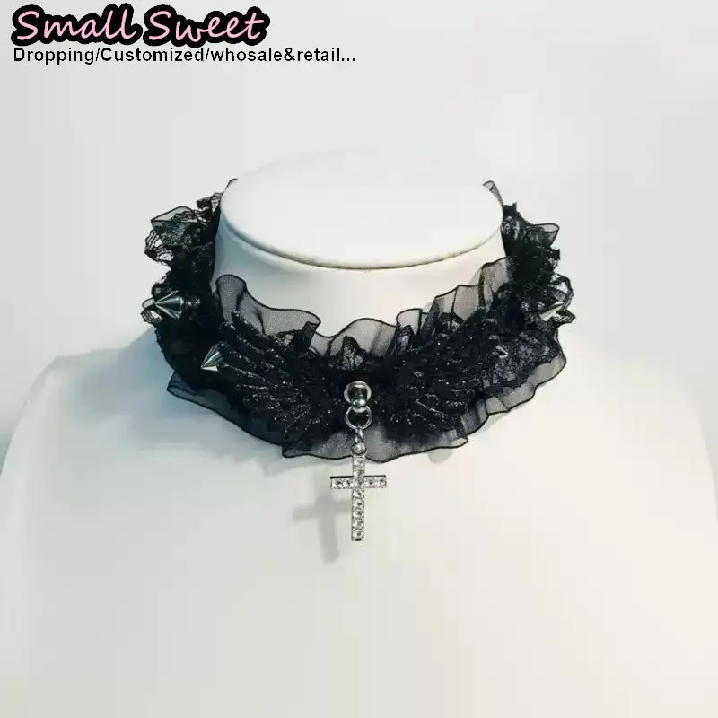 Lolita Punk Gothic Angel Wing Cross Lace Ruffled Choker For Women Sweet Cool Neck Collar Necklace Y2K Harajuku Alt Aesthetic