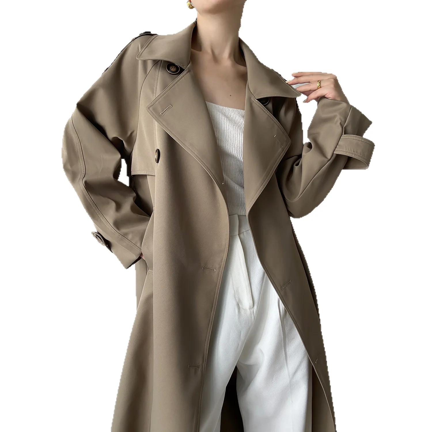 

SuperAen England-style Elegant Turn-down Collar Design Solid Color Coats 2025 Autumn New Double Breasted Long Trench