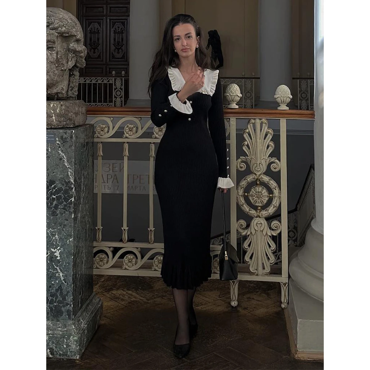 Retro Ladylike tejido Dr con ribete de encaje suéter falda transfronteriza Otoño Invierno nuevo Sle largo Sve One Step Dr