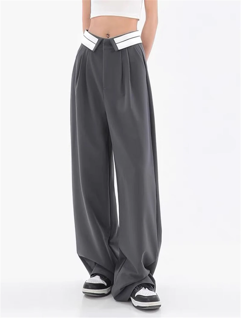 2023 Summer Fashion Women Grey Solid Simple Chic Long Trousers High Waist Loose Casual Design Baggy Soft Pants Streetwear Daily