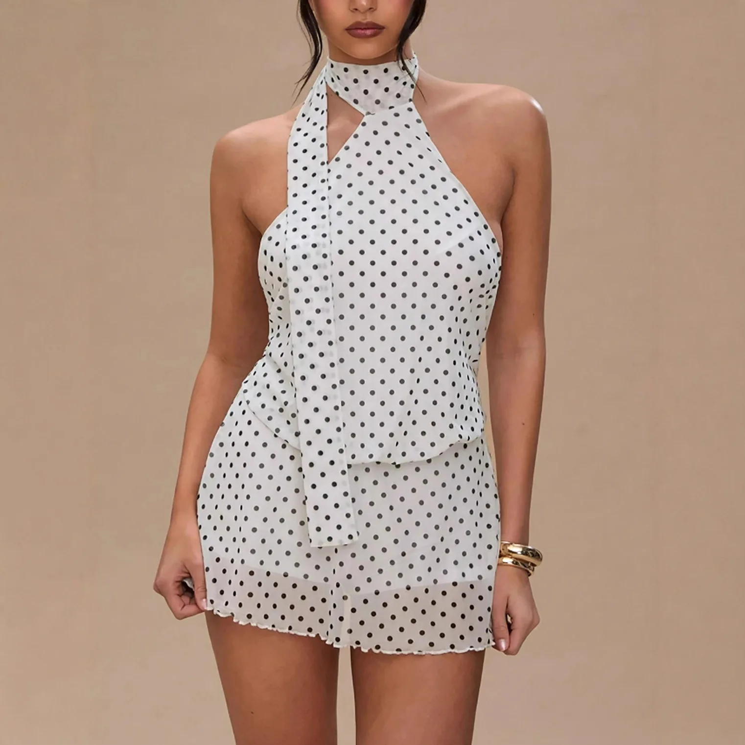 

Halter Dot Printed Mini Dresses Fashion Vintage High Waist Sleeveless Backless Neck Lace-up Dress Female Vestidos Slim Robes