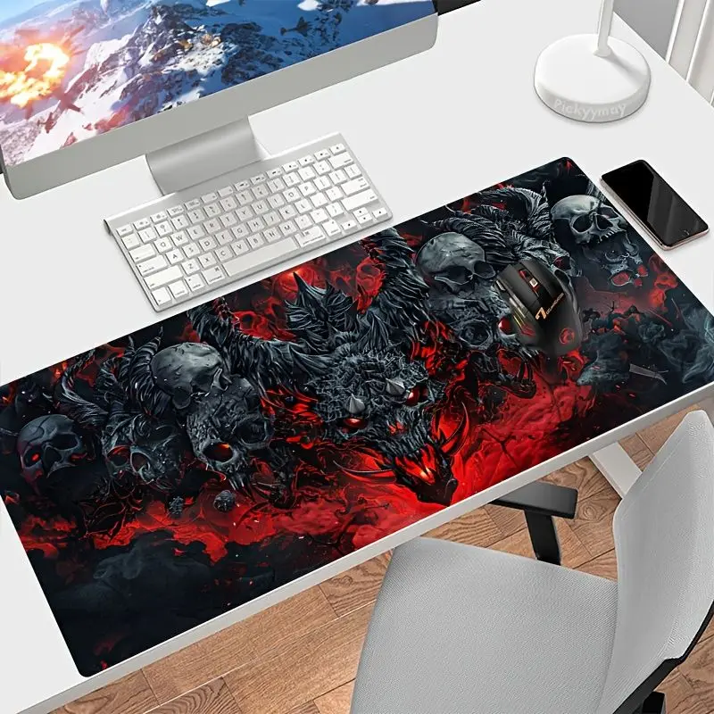 VIKAMA Horror Dragon Skull Printed Desk Mat Non Slip Large Gaming Mouse Pad Red Flame Smoke Skeleton Indoor Office Keyboard Mat