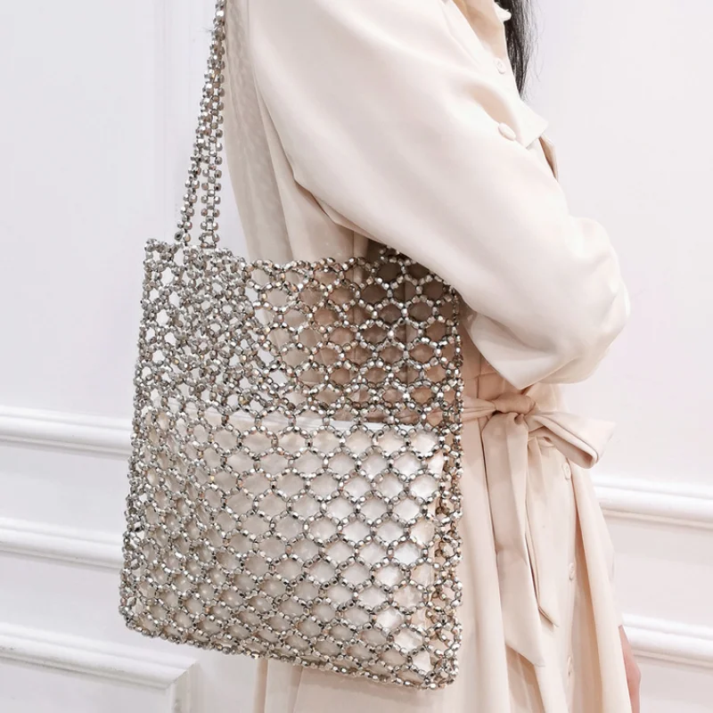 2023 Women\'s Bags Vintage Heavy Industry Fashion Gold Acrylic Handwoven Hollow Shoulder Bag Handmade Beaded New In Handbag