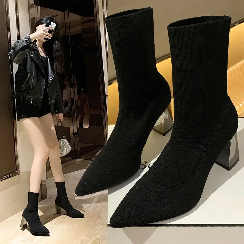 2024 autumn and winter knitted women's boots, short socks, electroplated thick heels, midsole, fashionable elastic women's boots