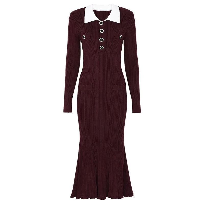 

Elegant High Quality Knitted Long Sleeve Fish Tail Slim Fit Dress Fashionable Autumn Winter New Style Turn down Collar Gown
